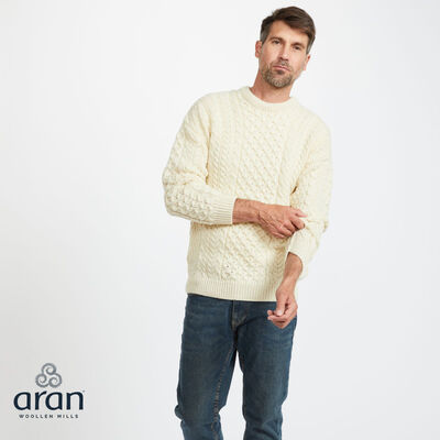 Aran Woollen Mills 100% Natural Wool White Crew Neck Traditional Aran Sweater